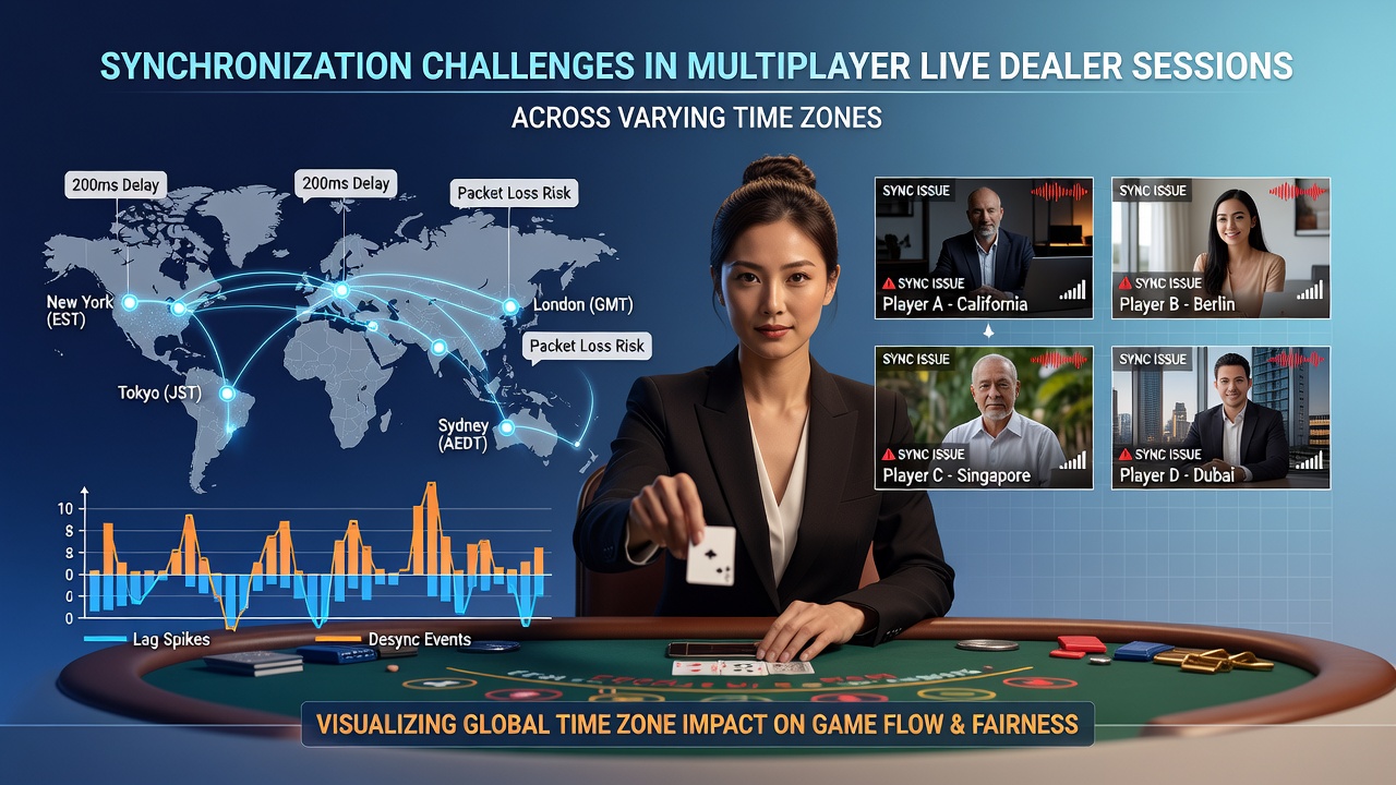 Split-screen view of a live dealer table with overlaid latency graphs from three different continents