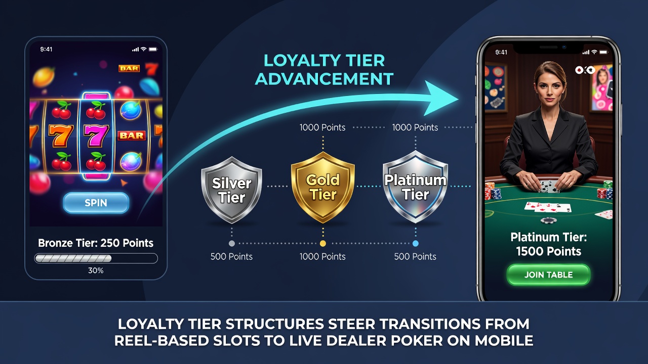 Infographic showing loyalty tier ladder connecting slot machine icons to live poker dealer tables on mobile app interface