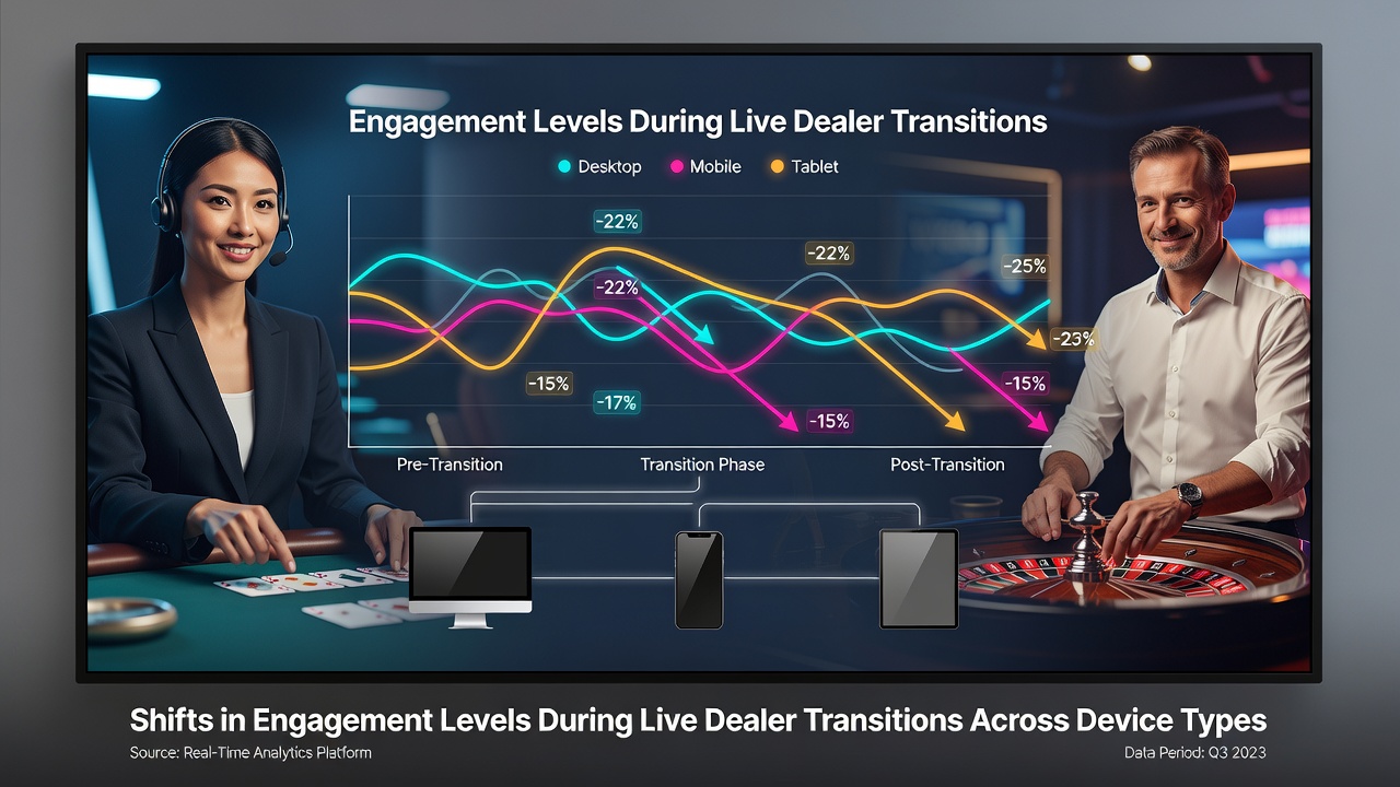 Graph illustrating engagement recovery timelines after device switches in live dealer environments