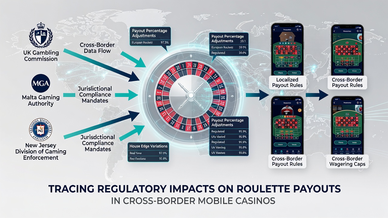 Mobile device displaying roulette game with regulatory compliance icons and cross-border flags